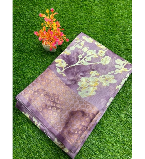 Generic Women's Linen Printed Saree With Unstitched Blouse (Purple, 5-5 Mtrs)