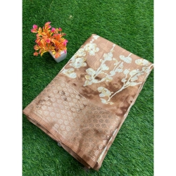 Generic Women's Linen Printed Saree With Unstitched Blouse (Orange, 5-5 Mtrs)