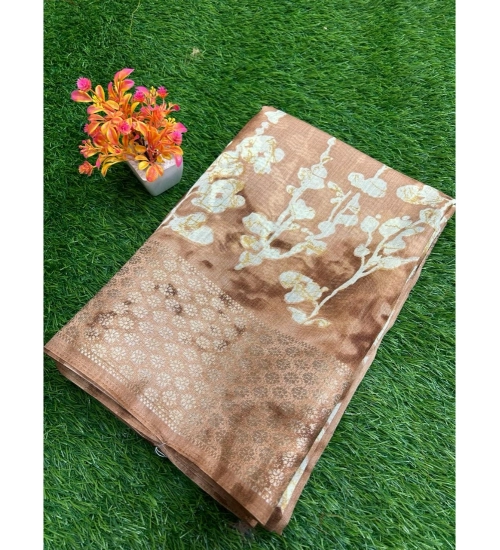 Generic Women's Linen Printed Saree With Unstitched Blouse (Orange, 5-5 Mtrs)