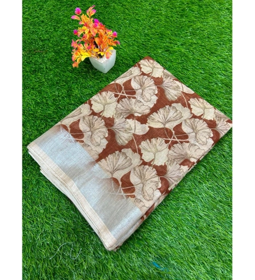 Generic Women's Linen Printed Saree With Unstitched Blouse (Orange, 5-5 Mtrs)