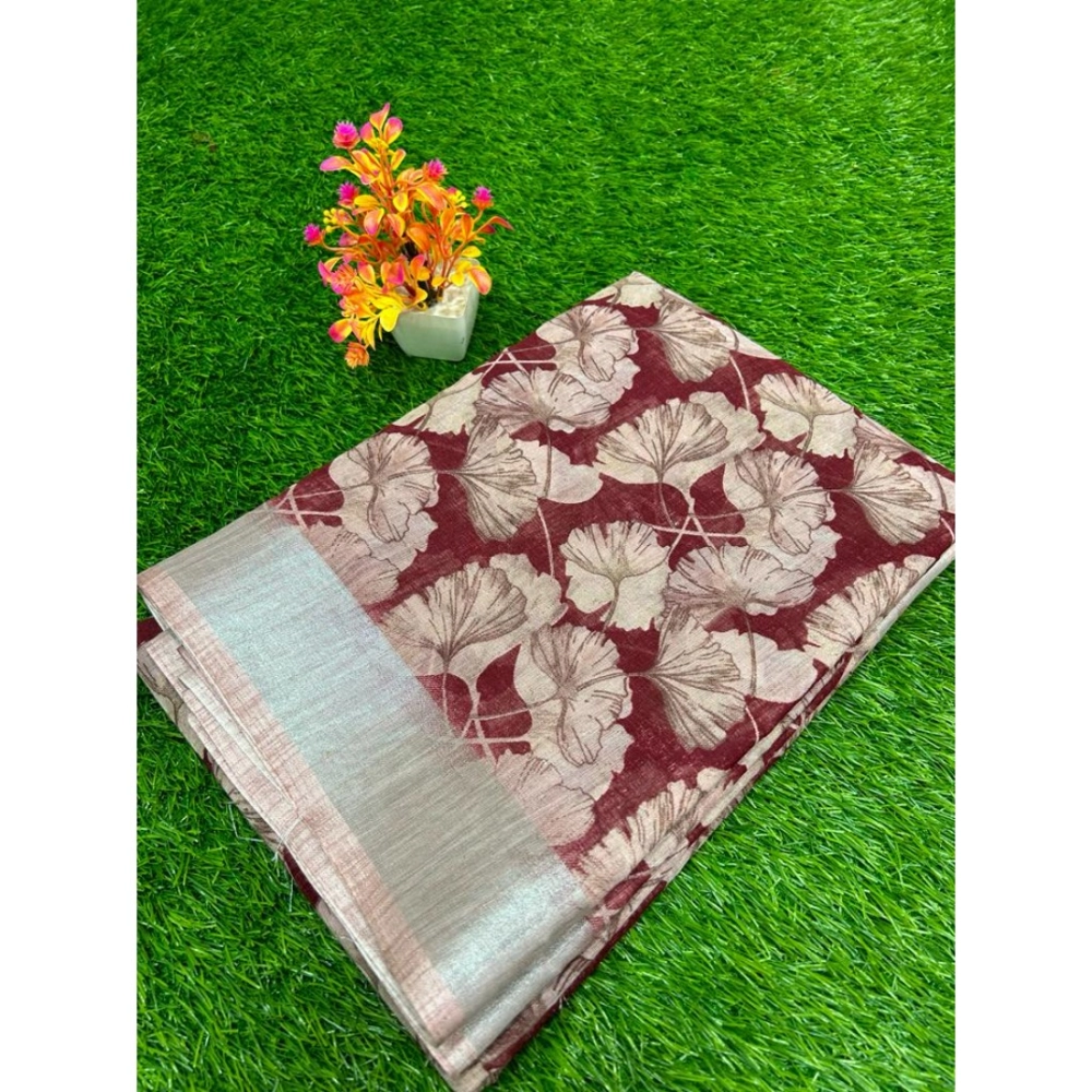 Generic Women's Linen Printed Saree With Unstitched Blouse (Red, 5-5 Mtrs) Generic Women's Linen Printed Saree With Unstitched Blouse (Red, 5-5 Mtrs)