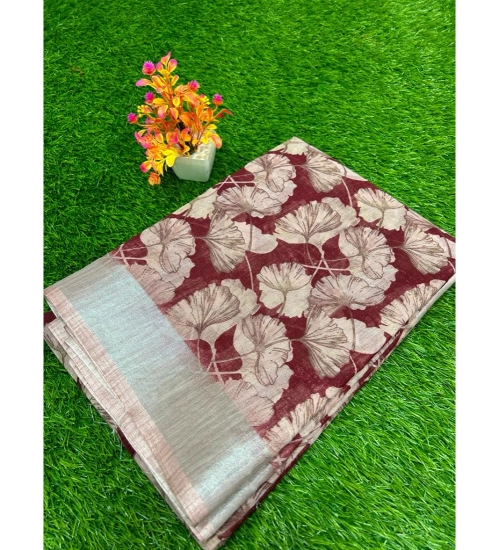 Generic Women's Linen Printed Saree With Unstitched Blouse (Red, 5-5 Mtrs)