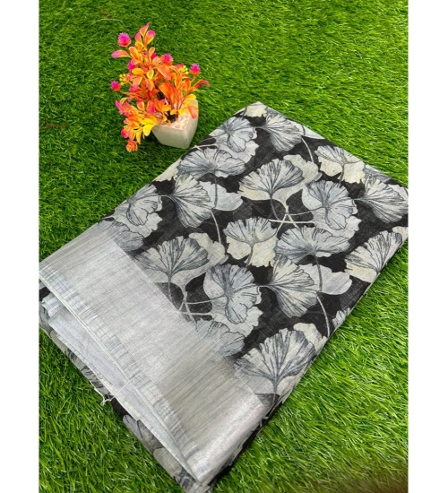 Generic Women's Linen Printed Saree With Unstitched Blouse (Black, 5-5 Mtrs)