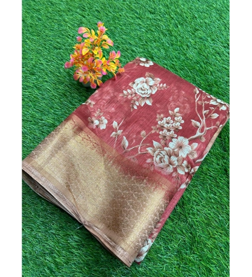 Generic Women's Linen Printed Saree With Unstitched Blouse (Red, 5-5 Mtrs)