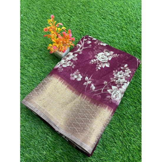 Generic Women's Linen Printed Saree With Unstitched Blouse (Maroon, 5-5 Mtrs)