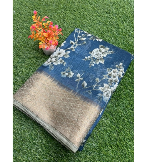 Generic Women's Linen Printed Saree With Unstitched Blouse (Blue, 5-5 Mtrs)
