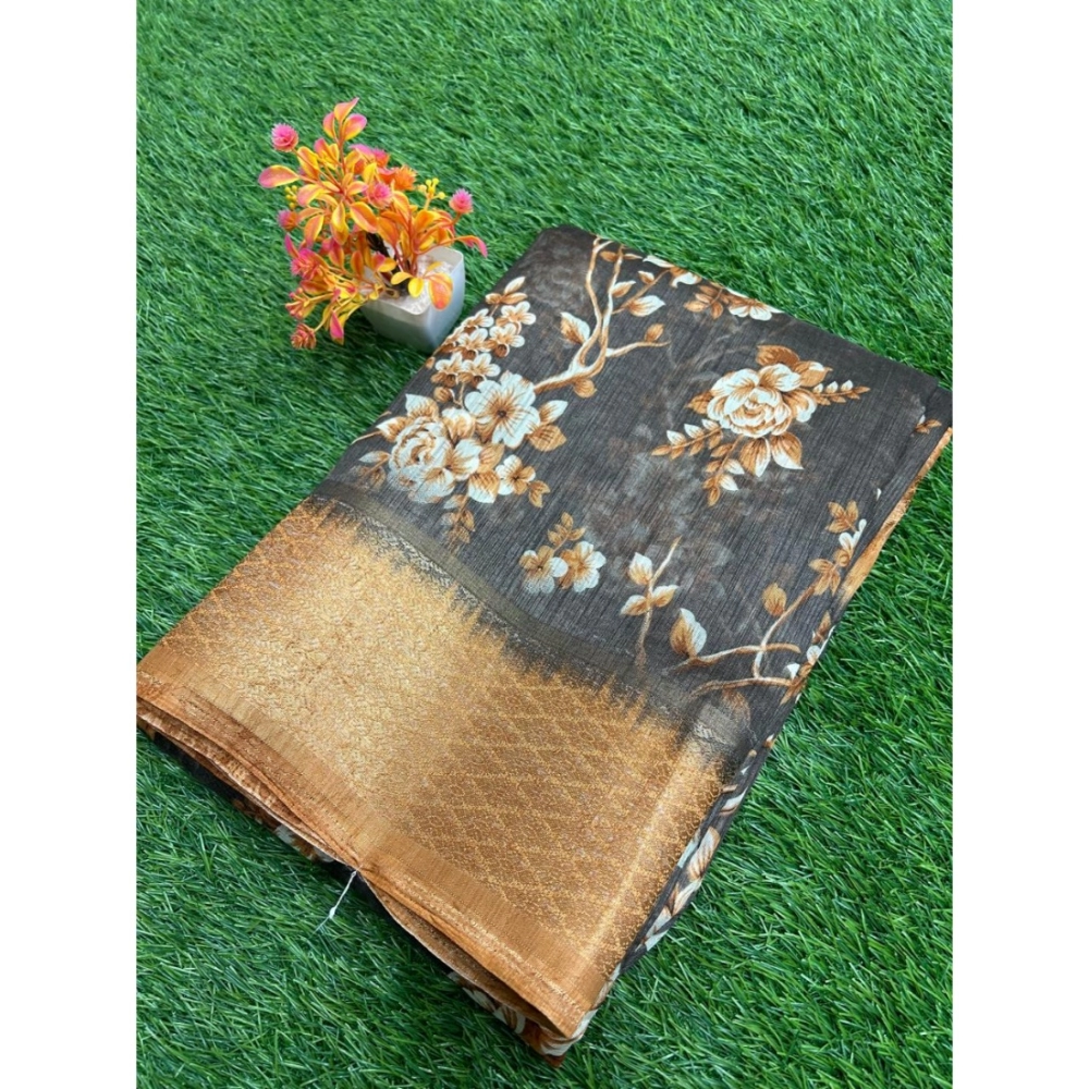 Generic Women's Linen Printed Saree With Unstitched Blouse (Black, 5-5 Mtrs) Generic Women's Linen Printed Saree With Unstitched Blouse (Black, 5-5 Mtrs)