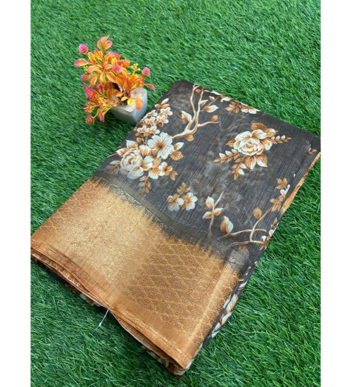 Generic Women's Linen Printed Saree With Unstitched Blouse (Black, 5-5 Mtrs)