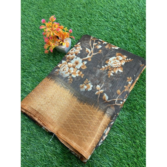 Generic Women's Linen Printed Saree With Unstitched Blouse (Black, 5-5 Mtrs)