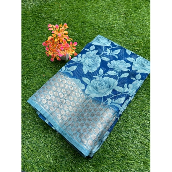Generic Women's Cotton Printed Saree With Unstitched Blouse (Blue, 5-5 Mtrs)