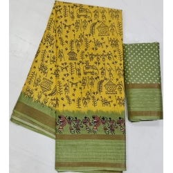 Generic Women's Cotton Printed Saree With Unstitched Blouse (Yellow, 5-5 Mtrs)
