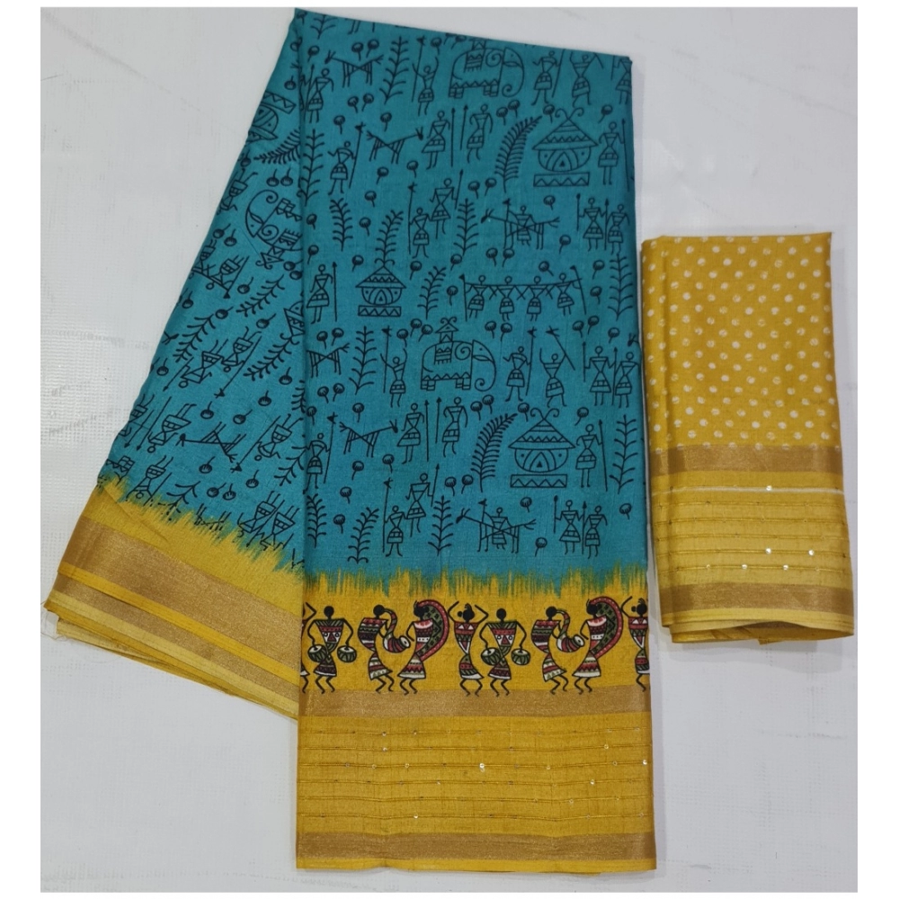 Generic Women's Cotton Printed Saree With Unstitched Blouse (Sky-Blue, 5-5 Mtrs) Generic Women's Cotton Printed Saree With Unstitched Blouse (Sky-Blue, 5-5 Mtrs)