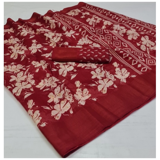 Generic Women's Cotton Printed Saree With Unstitched Blouse (Red, 5-5 Mtrs)