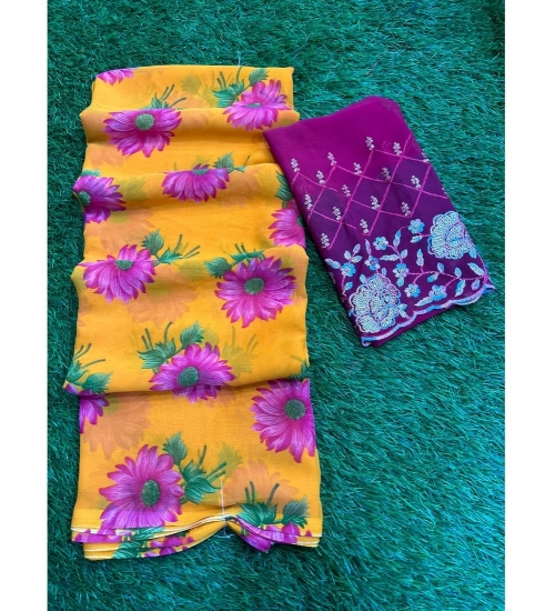 Generic Women's Georgette Printed Saree With Unstitched Blouse (Purple, 5-5 Mtrs)