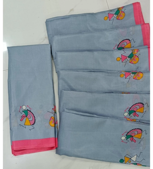 Generic Women's Cotton Silk Printed Saree With Unstitched Blouse (Grey, 5-5 Mtrs)
