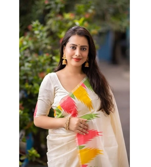 Generic Women's Tussar Silk Printed Saree With Unstitched Blouse (White, 5-5 Mtrs)