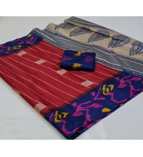 Generic Women's Cotton Silk Printed Saree With Unstitched Blouse (Red, 5-5 Mtrs)