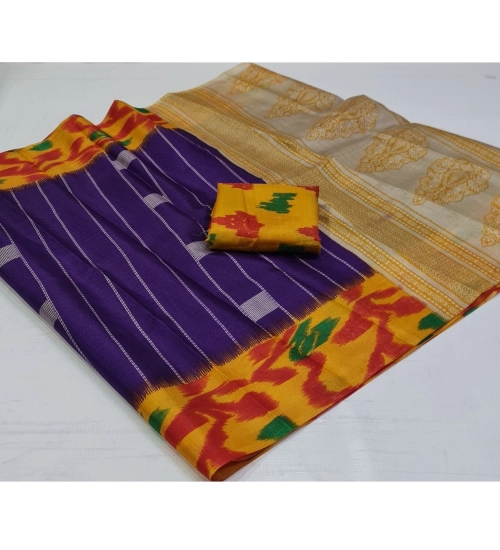 Generic Women's Cotton Silk Printed Saree With Unstitched Blouse (Purple, 5-5 Mtrs)