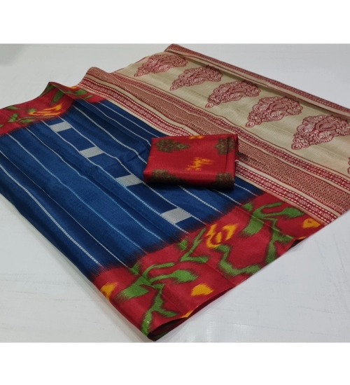 Generic Women's Cotton Silk Printed Saree With Unstitched Blouse (Blue, 5-5 Mtrs)