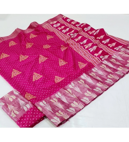 Generic Women's Cotton Silk Printed Saree With Unstitched Blouse (Pink, 5-5 Mtrs)