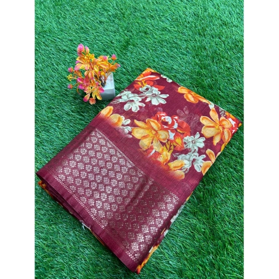 Generic Women's Cotton Printed Saree With Unstitched Blouse (Maroon, 5-5 Mtrs)