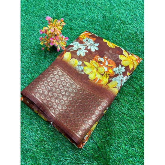 Generic Women's Cotton Printed Saree With Unstitched Blouse (Brown, 5-5 Mtrs)