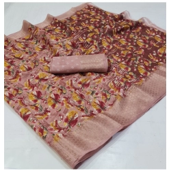 Generic Women's Linen Printed Saree With Unstitched Blouse (Red, 5-5 Mtrs)