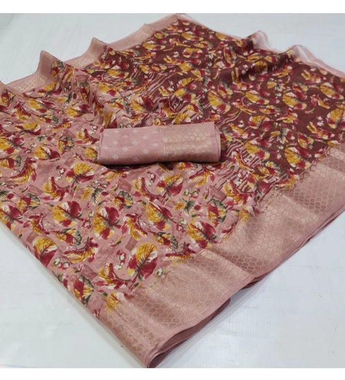 Generic Women's Linen Printed Saree With Unstitched Blouse (Red, 5-5 Mtrs)