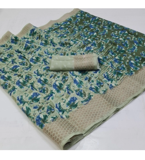 Generic Women's Linen Printed Saree With Unstitched Blouse (Green, 5-5 Mtrs)