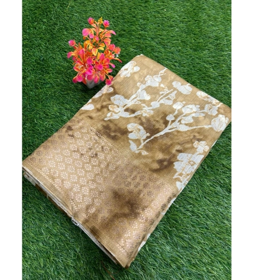 Generic Women's Linen Printed Saree With Unstitched Blouse (Yellow, 5-5 Mtrs)