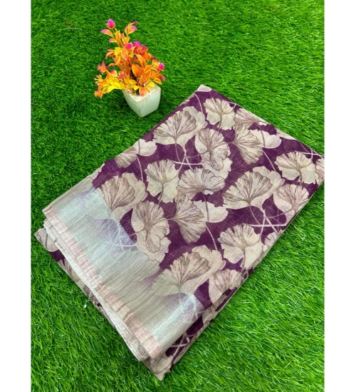 Generic Women's Linen Printed Saree With Unstitched Blouse (Purple, 5-5 Mtrs)