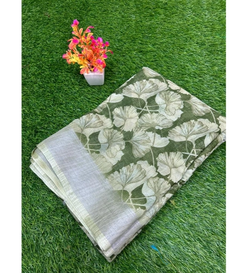 Generic Women's Linen Printed Saree With Unstitched Blouse (Mehendi, 5-5 Mtrs)