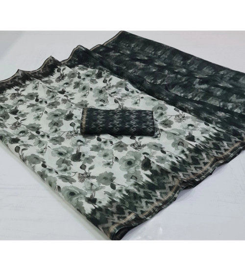 Generic Women's Cotton Printed Saree With Unstitched Blouse (Green, 5-5 Mtrs)