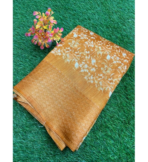 Generic Women's Linen Printed Saree With Unstitched Blouse (Orange, 5-5 Mtrs)