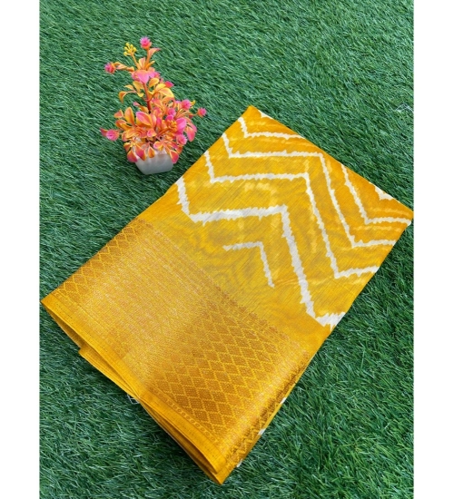 Generic Women's Linen Printed Saree With Unstitched Blouse (Yellow, 5-5 Mtrs)