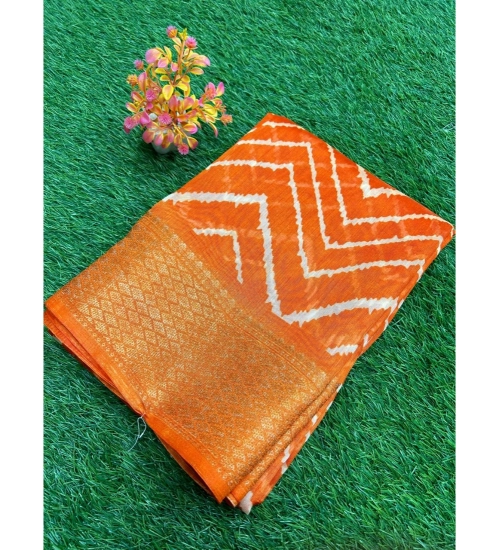 Generic Women's Linen Printed Saree With Unstitched Blouse (Orange, 5-5 Mtrs)