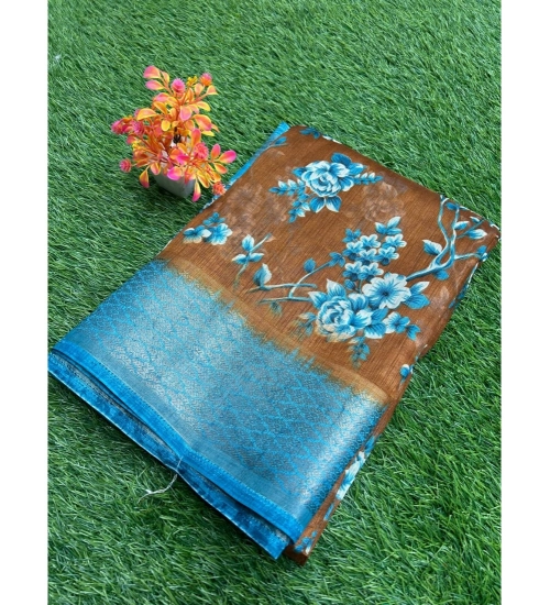 Generic Women's Linen Printed Saree With Unstitched Blouse (Mustard, 5-5 Mtrs)