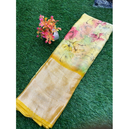 Generic Women's Brasso Printed Saree With Unstitched Blouse (Yellow, 5-5 Mtrs)