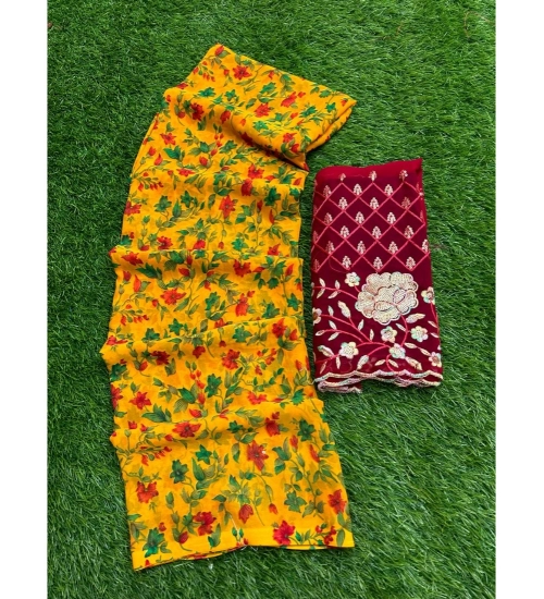 Generic Women's Georgette Printed Saree With Unstitched Blouse (Red, 5-5 Mtrs)