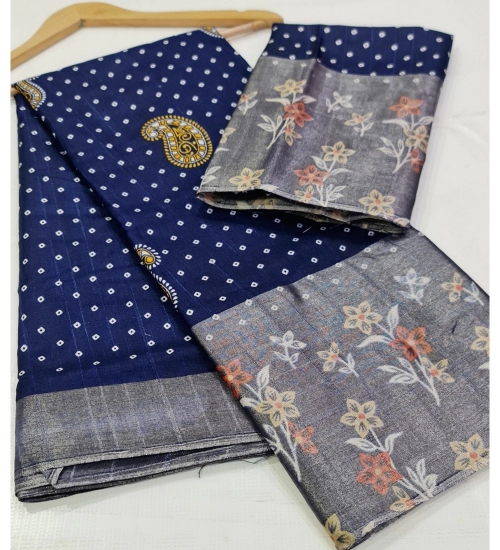 Generic Women's Cotton Silk Printed Saree With Unstitched Blouse (Dark-Blue, 5-5 Mtrs)