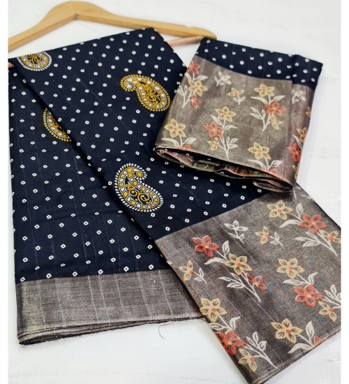 Generic Women's Cotton Silk Printed Saree With Unstitched Blouse (Black, 5-5 Mtrs)