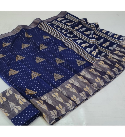 Generic Women's Cotton Silk Printed Saree With Unstitched Blouse (Dark-Blue, 5-5 Mtrs)