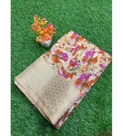 Generic Women's Linen Printed Saree With Unstitched Blouse (Orange, 5-5 Mtrs)