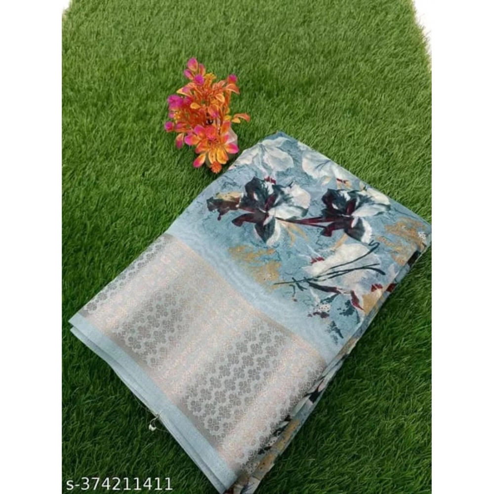 Generic Women's Linen Printed Saree With Unstitched Blouse (Blue, 5-5 Mtrs)