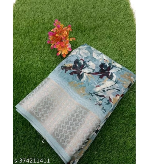 Generic Women's Linen Printed Saree With Unstitched Blouse (Blue, 5-5 Mtrs)