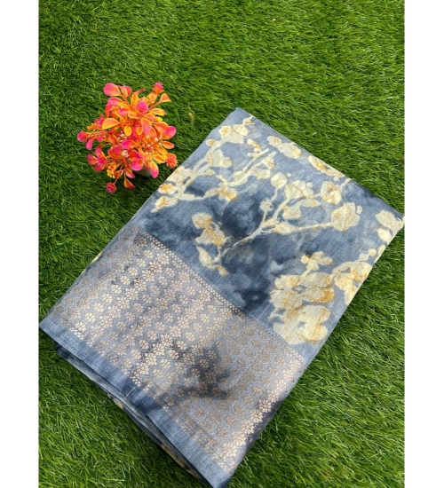 Generic Women's Linen Printed Saree With Unstitched Blouse (Navy-Blue, 5-5 Mtrs)