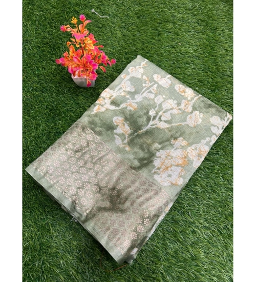 Generic Women's Linen Printed Saree With Unstitched Blouse (Mehendi, 5-5 Mtrs)