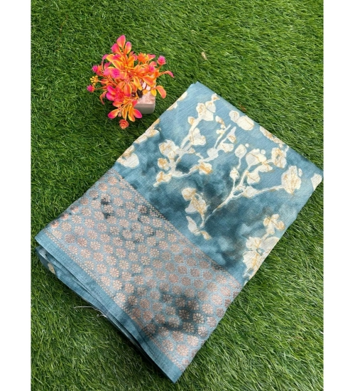 Generic Women's Linen Printed Saree With Unstitched Blouse (Blue, 5-5 Mtrs)