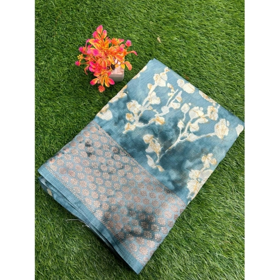 Generic Women's Linen Printed Saree With Unstitched Blouse (Blue, 5-5 Mtrs) Generic Women's Linen Printed Saree With Unstitched Blouse (Blue, 5-5 Mtrs)