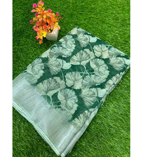 Generic Women's Linen Printed Saree With Unstitched Blouse (Green, 5-5 Mtrs)